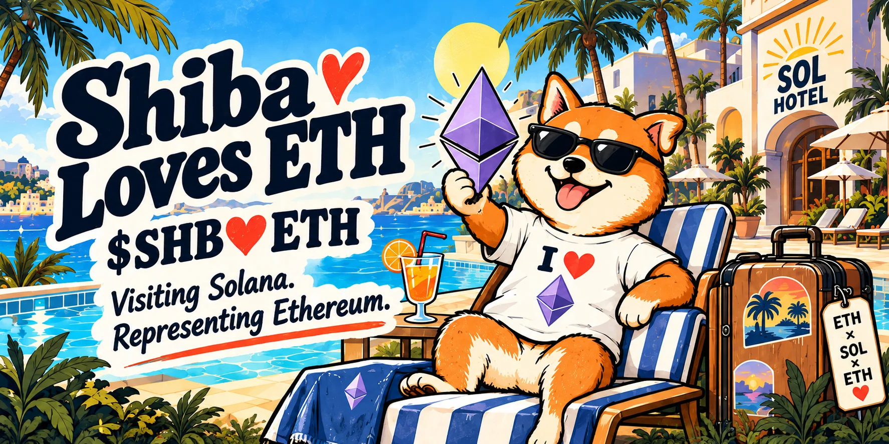 Shiba Loves ETH. $SHB heart ETH. Visiting Solana. Representing Ethereum. A Shiba in sunglasses relaxes at the Sol Hotel pool, holding an Ethereum diamond.