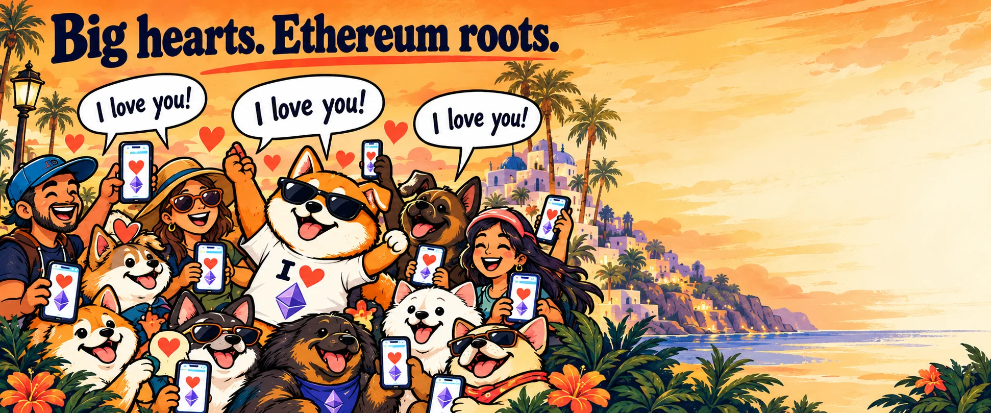 A cheering crowd and dogs with the Shiba at sunset by the sea, under the line Big hearts. Ethereum roots.